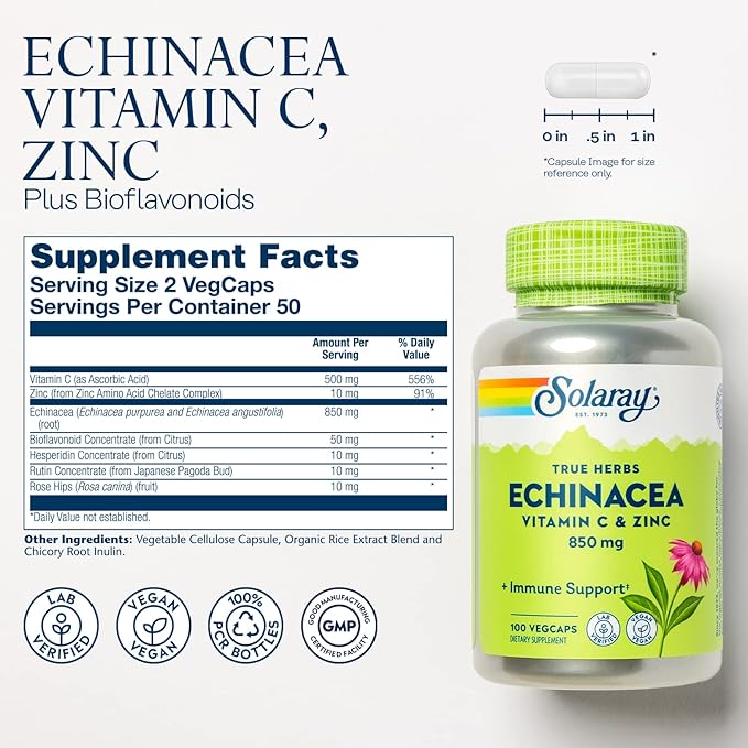 SOLARAY Echinacea Vitamin C and Zinc Wellness Formula - Immune Support Supplement - Echinacea Capsules with Vitamin C 500mg Plus Bioflavonoids, Vegan, 60-Day Guarantee, 50 Servings, 100 VegCaps