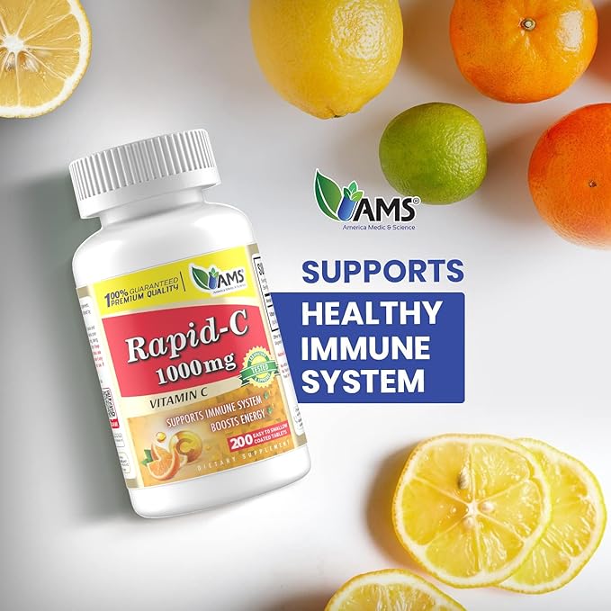America Medic & Science Rapid-C 1000mg Vitamin C Supplement (1 Pack of 200 Tablets) Energy Booster, Daily Immune System Support, Antioxidant | Vegan, Non-GMO Coated Ascorbic Acid for Adult Men & Women