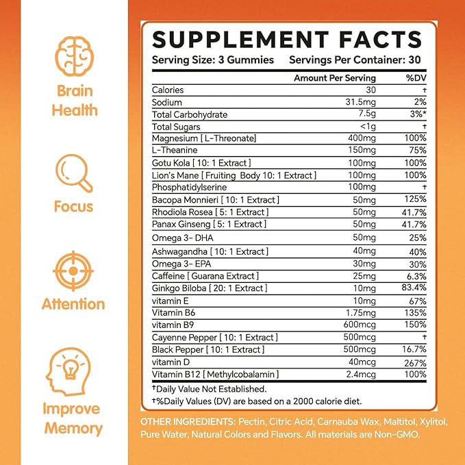 Gummies - Brain Supplement for Memory, Focus & Attention - Cognitive Support with Magnesium, Omega 3, Ashwagandha - 90 Count Raspberry Flavor