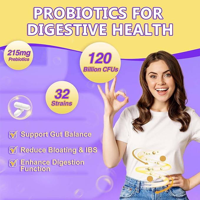 DRFOSTER Probiotics for Women & Men Digestive Health，120 Billion CFUs, Prebiotics and Probiotics for Gut Health, D3, Zinc & Immune Support Herbs, Detox Cleanse, 45 Day - 3 Month Supply