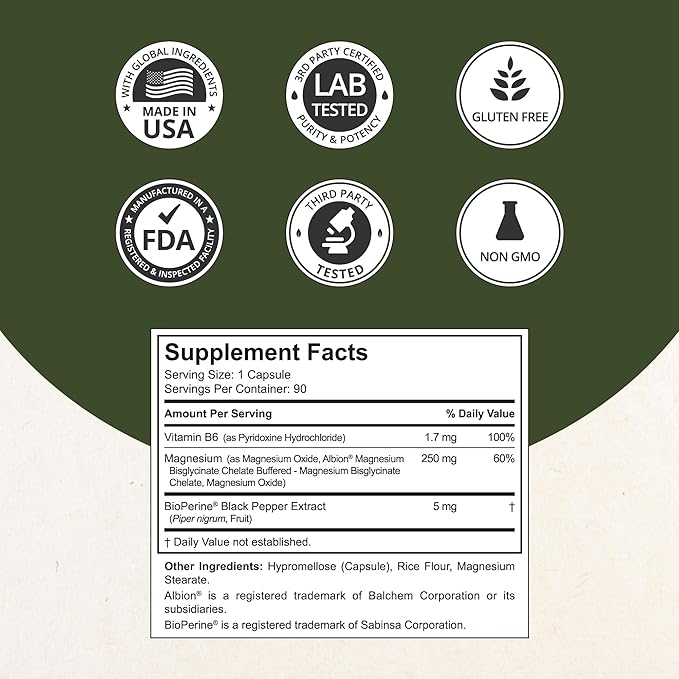 Magnesium Glycinate Chelate Complex with Albion Magnesium Bisglycinate Chelate, Vitamin B6 & BioPerine for Bone, Muscle, Natural Sleep, Nerve Function, Brain Booster | Pack 2