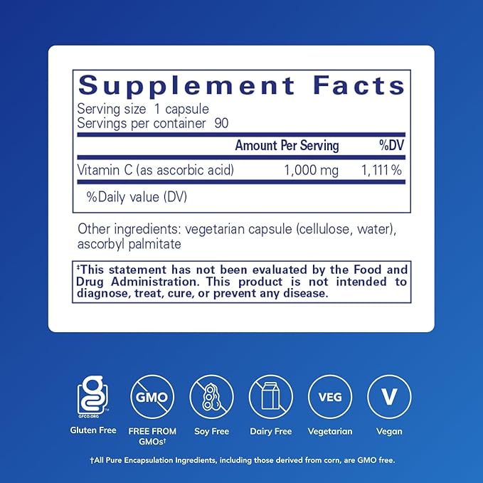 Pure Encapsulations Ascorbic Acid Capsules - 1,000 mg Vitamin C - Antioxidant & Immune Support* - High-Potency Vitamin C - Vegan & Non-GMO - 90 Capsules
