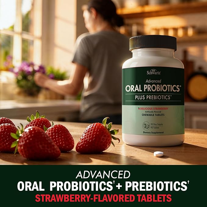 Oral Probiotics Supplement with Prebiotics - Supports Healthy Teeth Gums Mouth and Fresh Odorless Breath for Adults - Strawberry Flavored Chewable Dental Probiotic (90 Tablets, 90 Day Supply)