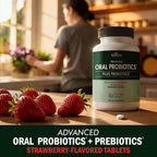 Oral Probiotics Supplement with Prebiotics - Supports Healthy Teeth Gums Mouth and Fresh Odorless Breath for Adults - Strawberry Flavored Chewable Dental Probiotic (90 Tablets, 90 Day Supply)
