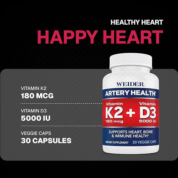Weider Artery Health - Artery Flexibility & Heart Health - with Vitamin K2, D3 & Ginger - Bone & Immune Support* - Gluten Free & Vegan - 30 Veggie Capsules