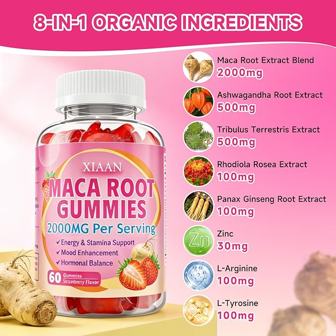 Maca Root Gummies for Women & Men, Organic Maca Root Supplement with Ashwagandha for Energy & Strength Support, Sugar-Free/Vegan/Non-GMO, Strawberry Flavor 60 Count