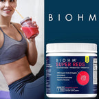 BIOHM Super Reds, Beet Root Powder Antioxidant Smoothie Mix with Tart Cherry Extract and 19 Red Whole Foods Packed with Prebiotics and Probiotics, Non-GMO, Red Berry Flavor, 30 Servings
