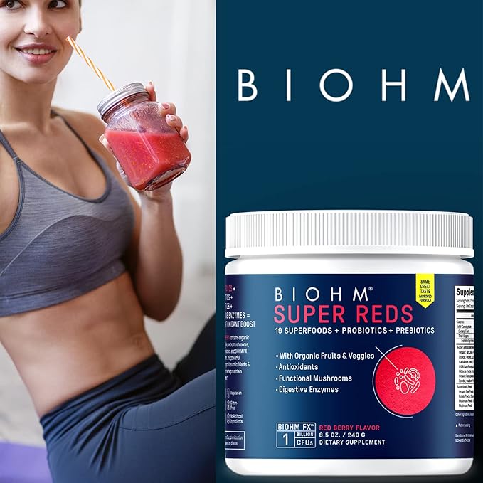 BIOHM Super Reds, Beet Root Powder Antioxidant Smoothie Mix with Tart Cherry Extract and 19 Red Whole Foods Packed with Prebiotics and Probiotics, Non-GMO, Red Berry Flavor, 30 Servings