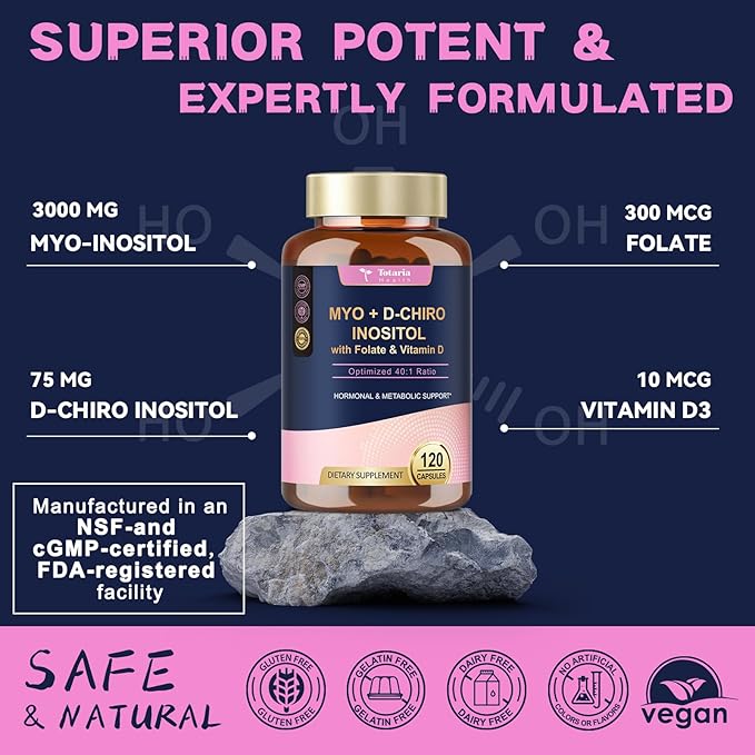 Totaria Myo-Inositol & D-Chiro Inositol Supplement Capules 3075mg, Plus Multivitamin Vitamin D3, Folate, Ideal 40:1 Ratio - Hormonal Balance for Women & Ovarian* Support | Vegan, Non GMO - 120 Caps