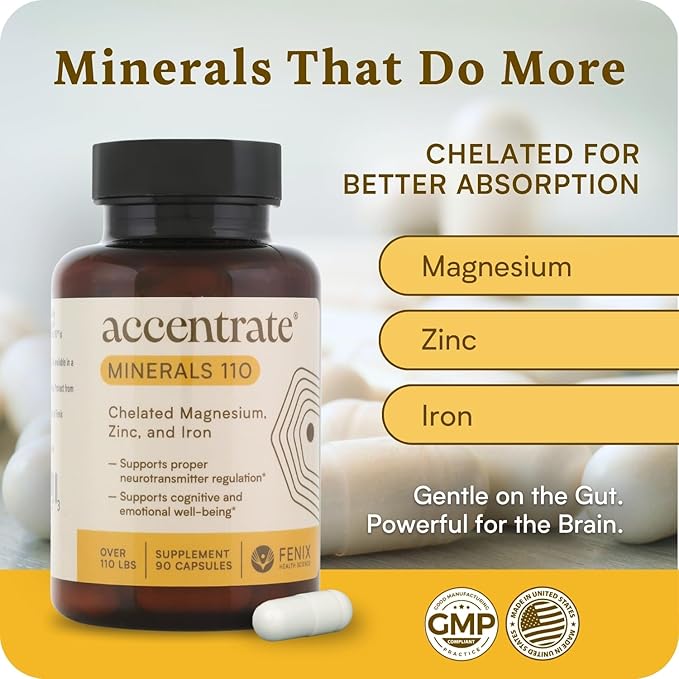 Accentrate Minerals 110 - Brain Ready Nutrition for Teens and Adults – Chelated Magnesium, Zinc, Iron – Mental Wellness Mineral Supplement for Focus, Mood & Brain Support – 90 Capsules
