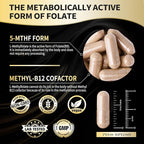 L Methylfolate 15mg Plus Methyl B12 Supplement Active 5-MTHF Form Made in USA, Third Party Tested (120 Vegan Capsules), 2 Packs