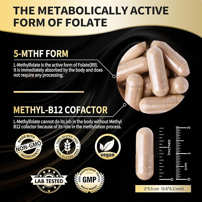 L Methylfolate 15mg Plus Methyl B12 Supplement Active 5-MTHF Form Made in USA, Third Party Tested (120 Vegan Capsules), 2 Packs