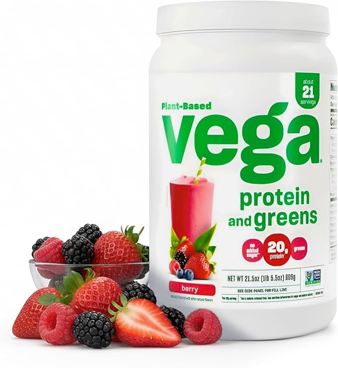 Vega Premium Protein + Supergreens, Berry – 20g Vegan Protein, Dairy & Gluten Free, 20.8 oz (21 Servings)
