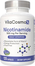 Nicotinamide 500mg Vitamin B3, 120 Capsules - Non-GMO, Gluten Free, Flush Free