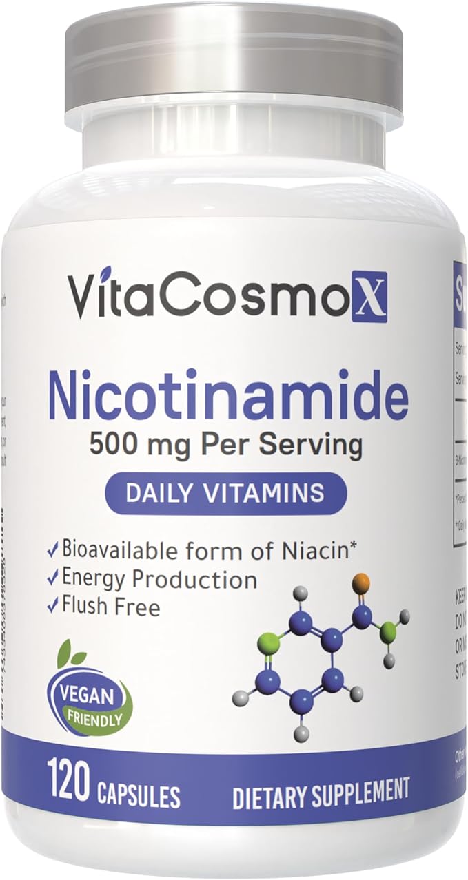 Nicotinamide 500mg Vitamin B3, 120 Capsules - Non-GMO, Gluten Free, Flush Free