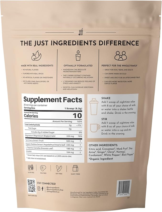 JUST INGREDIENTS Chai Nighttime Relax Drink Mix – 30 Servings | No Sugar Added | Magnesium, L-Theanine, Chamomile & Tart Cherry Extract | Supports Relaxation & Restful Evenings