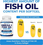 Arazo Nutrition Wild Caught Omega-3 Fish Oil Concentrate – 4,080mg per Serving – High EPA 1200mg & DHA 900mg – 60 Burpless Lemon Softgels