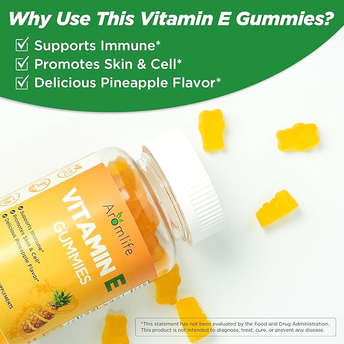 Vitamin E 400 IU Gummies for Immune, 268mg Per Serving Vitamin E Gummies for Women and Men Skin Glow & Cell Wellness, 60 Count Pineapple Flavor Sugar-Free Gluten-Free