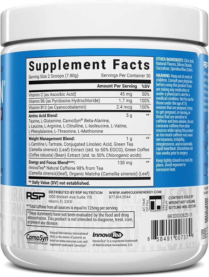 RSP Nutrition AminoLean Pre Workout Powder, Amino Energy & Weight Management with Vegan BCAA Amino Acids, Natural Caffeine, Preworkout Boost for Men & Women, 30 Serv