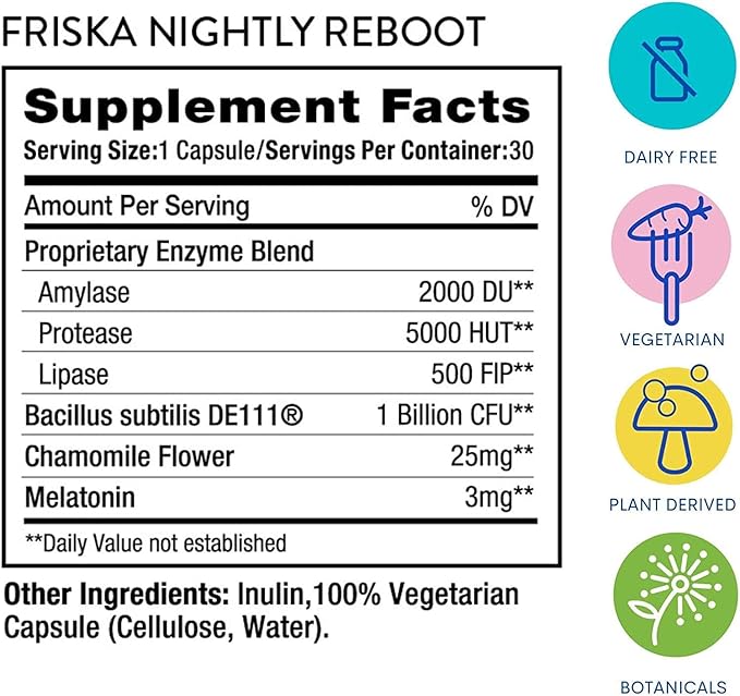 Friska Nightly Reboot - Nighttime Digestive Enzymes, Probiotic for Gut Balance & Bloating Support, with Melatonin & Chamomile to Promote Relaxation & Sleep, 90 Capsules