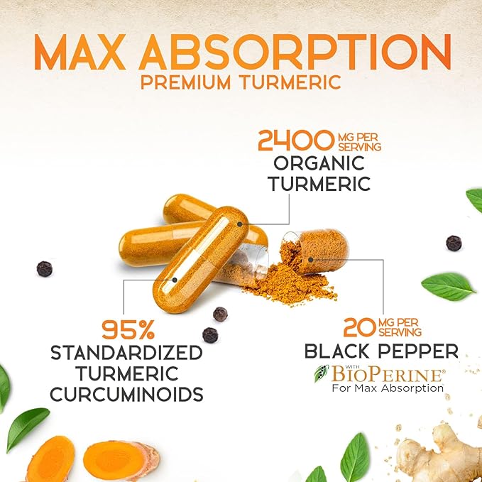 Turmeric Curcumin Supplement 2600mg - 95% Curcuminoids with Organic Turmeric & BioPerine Black Pepper for Best Absorption, Nature's Vegan Joint Support, Non-GMO Tumeric, Bottled in USA - 180 Capsules
