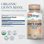 SOLARAY Organic Lions Mane Supplement Capsules - Providing 1000 mg of Lion's Mane Organic Mushrooms, Fermented for Enhanced Absorption - Vegan, 60-Day Guarantee, Lab Verified, 30 Servings, 60 VegCaps