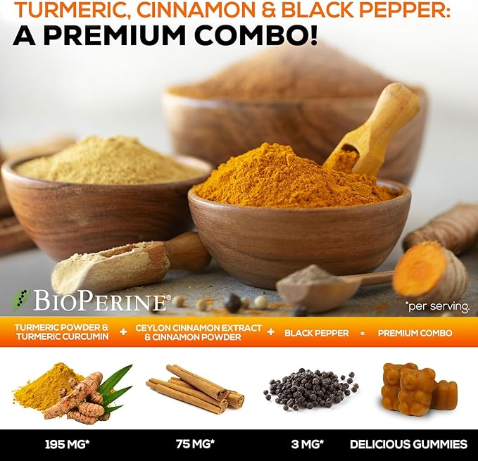 Turmeric Curcumin Supplement Gummies - 95% Curcuminoids with Turmeric Ginger, Black Pepper for Best Absorption, Nature's Vegan Joint Support, Non-GMO, Gluten Free, Tasty Cinnamon Flavor - 120 Gummies