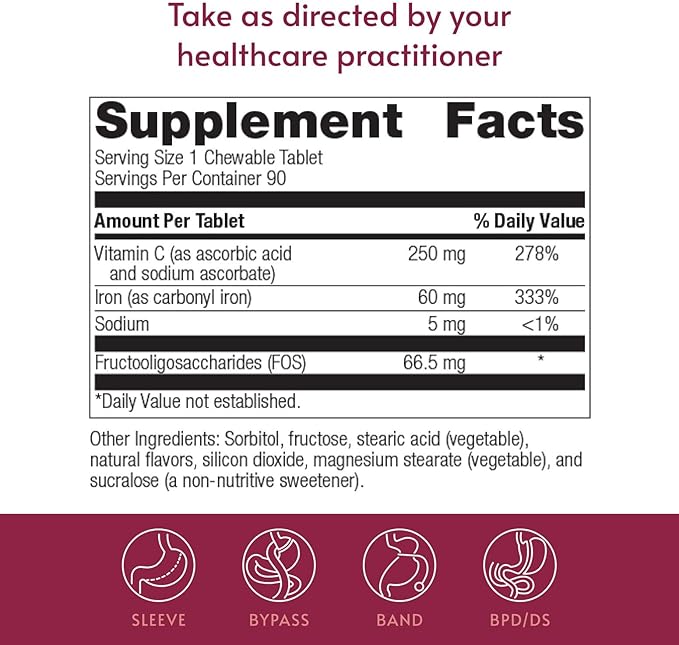 Bariatric Advantage Chewable Iron 60 mg with Vitamin C for Increased Absorption and Utilization, Easily Digestible for Gastric Bypass and Sleeve Gastrectomy Surgery Patients - Lemon Lime, 90 Count