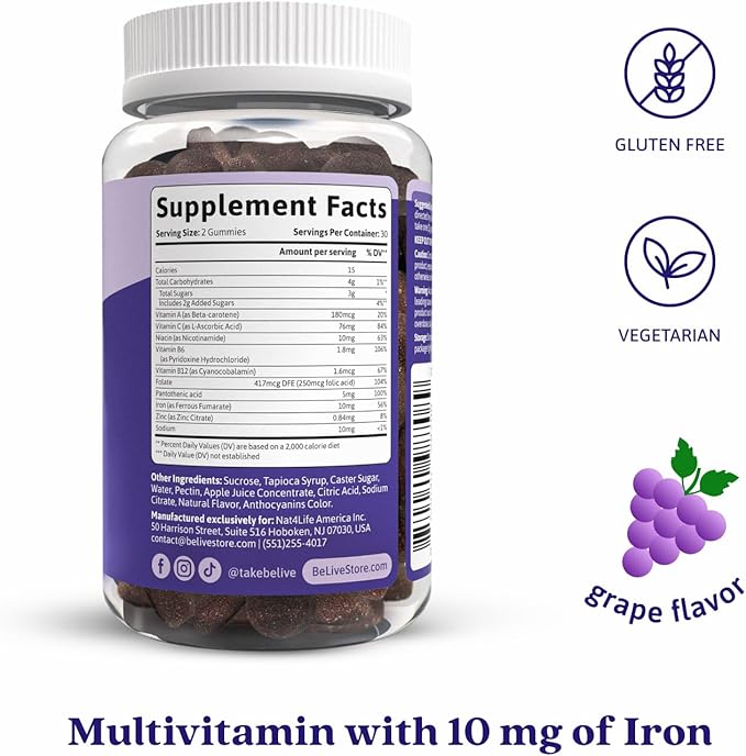 BeLive Iron Gummies - Multivitamin Supplement with Vitamin C, A, B & Zinc, Supports Blood Oxygen, Vegan Iron Supplements for Women, Men & Kids for Growth and Development - Grape Flavor | 1-Pack