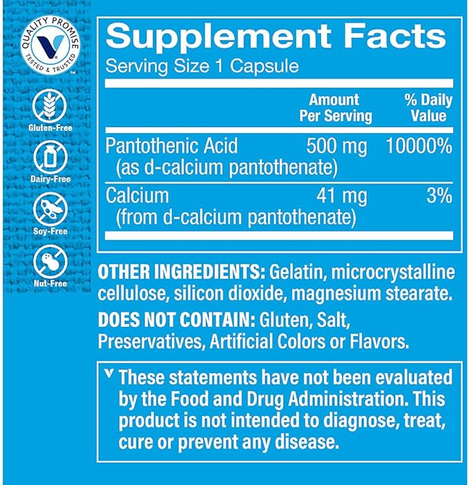 The Vitamin Shoppe Pantothenic Acid 500mg Vitamin B5 - Energy Production & Hair Skin Nails | Essential B Vitamin | 100 Capsules | Beauty
