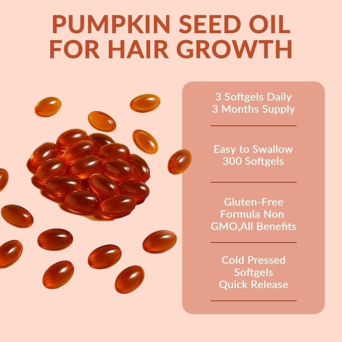 Pumpkin Seed Oil Capsules, 2 in 1 Pumpkin Seed Oil with Saw Palmetto for Hair Growth, 3000mg Per Serving, Cold Pressed, Supports Hair Heart Skin Supplement, Non-GMO, Gluten Free, 300 Softgels