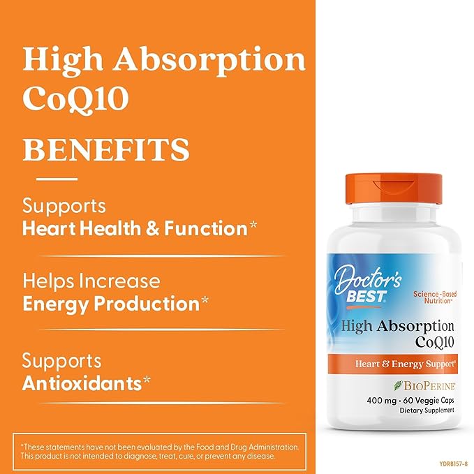 Doctor's BEST High Absorption CoQ10, Heart & Energy Support, USP Verified, Naturally Fermented CoQ10, Non-GMO, Gluten Free, Soy Free, Vegan 60 Veggie Caps