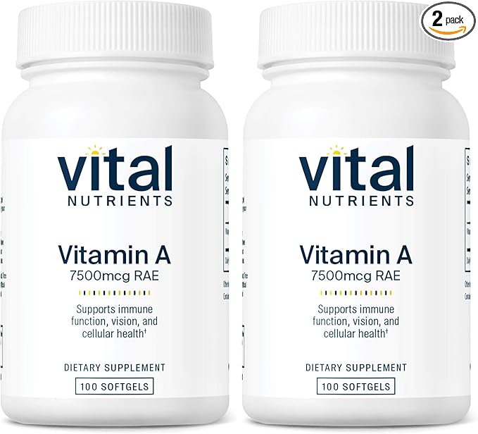 Vital Nutrients Vitamin A 7500mcg RAE | Vitamin A Supplement for Immune Function, Vision, Skin, and Cellular Health | Gluten, Dairy, Soy Free | Non-GMO | 100 Capsules (Pack of 2)
