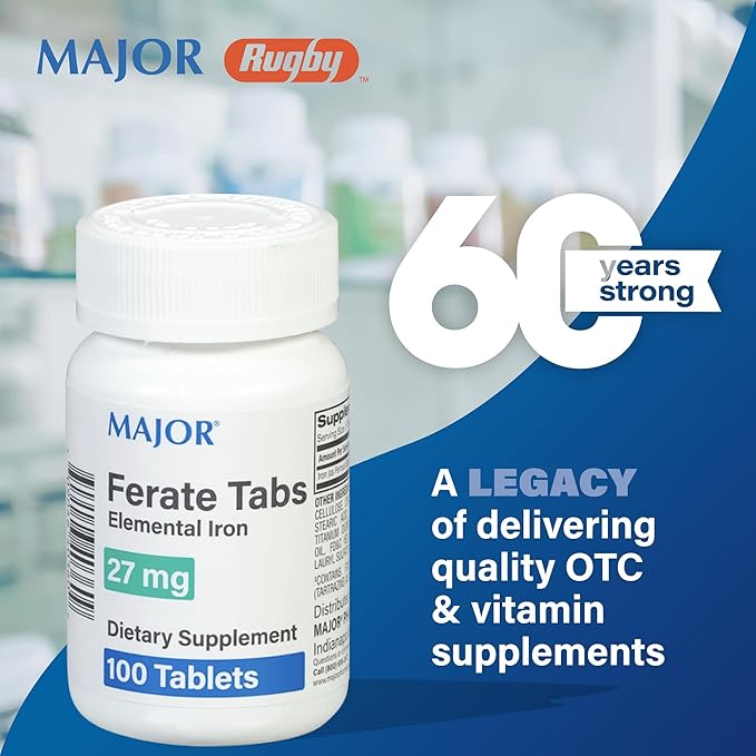 Major 27 mg Ferate Tabs - Ferrous Gluconate Elemental Iron Dietary Supplement - 100 Count (2 Pack)