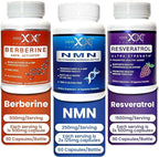 GENEX NMN, Resveratrol, and Berberine Power Pack Supplements | 250mg Nicotinamide Mononucleotide (NMN), Ultra Strength 500mg Resveratrol, & AMPK Activator Berberine 500mg for Healthy Aging (3 Bottles)