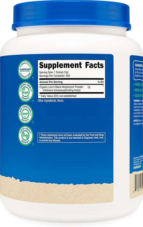 Nutricost Organic Lion's Mane Mushroom Powder 1LB - Certified USDA Organic