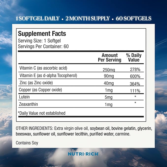Nutri-Rich Eye Health Supplement with Lutein and Zeaxanthin, Vision Support, Vitamin C, Vitamin E, Healthy Support Vision, 60 Softgels, No Artificial Additives, 2 Month Supply