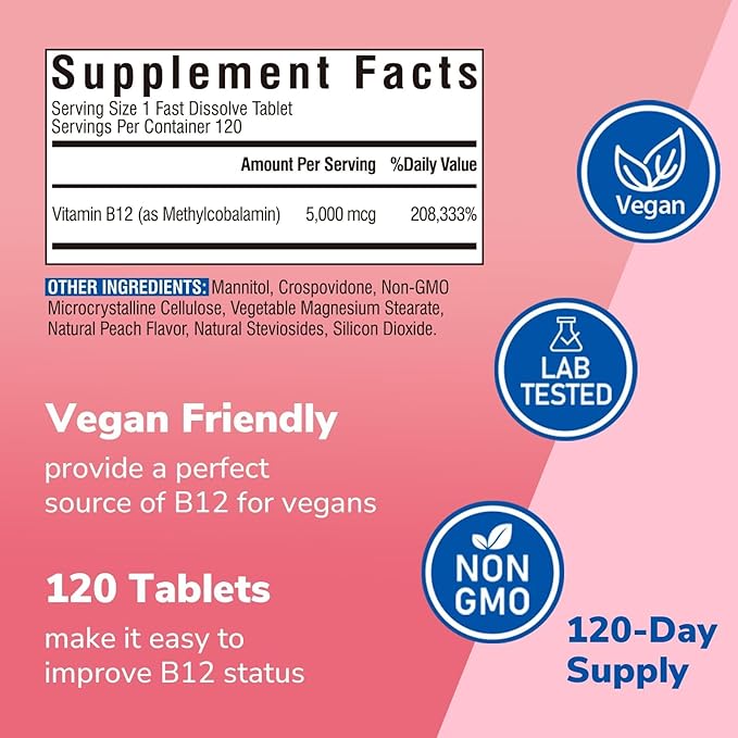 Vitalibre Vitamin B12 Sublingual 5000 mcg, Methylcobalamin, Bioactive Form, High Absorption, Vegan, Nerve, Energy, Immune, Mood Support, Natural Peach Flavor, 120 Fast Dissolve Mini Tablets, No Sugar