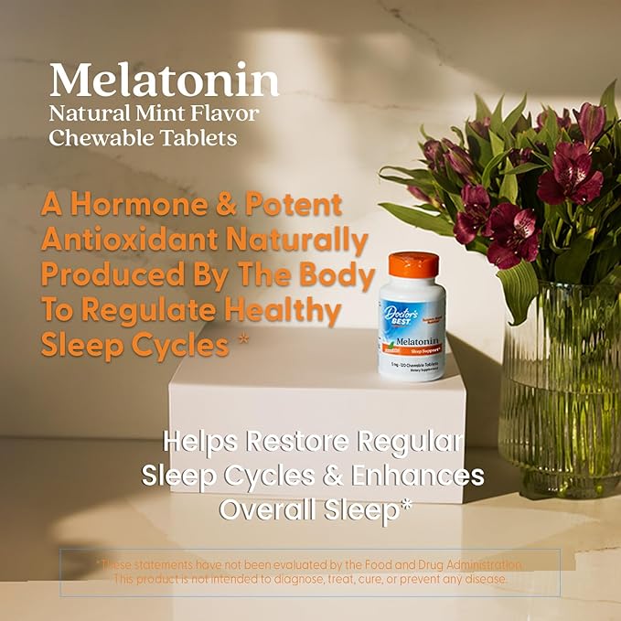 Doctors Best Melatonin 5mg Chewables for Adults - Sleep Support for Men & Women, Melatonin Supplement 5 mg, Gluten Free, Vegan, Non GMO, Natural Mint Flavor - 120 Chewable Tablets