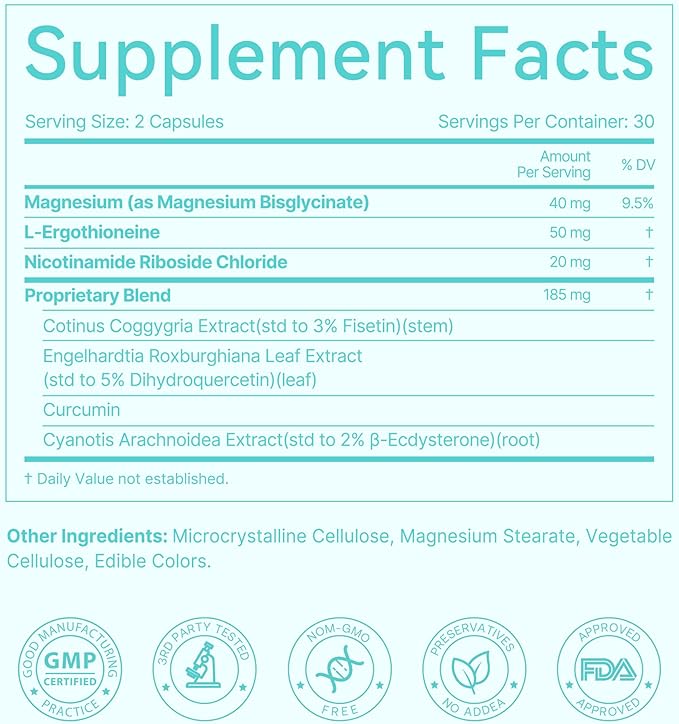 LAIFE L-Ergothioneine PLUS Supplement, Cellular Antioxidant Supplement for Energy, Skin, Vitality & Whole-Body Wellness with L-Ergothioneine, NR, Quercetin, Curcumin & Magnesium Glycinate, 60 Capsules