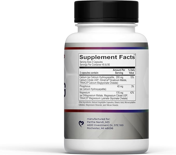 Highly Bioavailable Cal Mag, 90 Caps. Calcium Supplement 200mg & Magnesium Supplement 175mg. 3 Forms of High Absorption Magnesium & Calcium w/Phosphorus, 75mg for Bone Health, Energy by Doctor Nandi