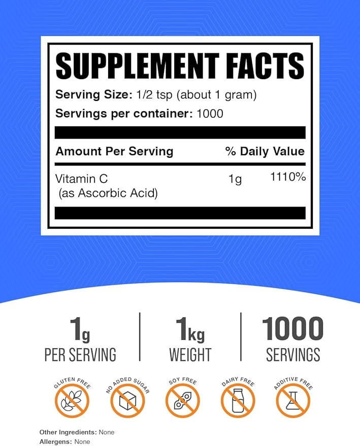 BulkSupplements.com Ascorbic Acid Powder - Vitamin C Supplement, for Immune Support - Ascorbic Acid Food Grade, Gluten Free, 1g per Serving, 1kg (2.2 lbs) (Pack of 1)