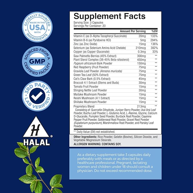 Herbal Saw Palmetto Male Supplement - Potent Pygeum and Saw Palmetto Extract with Beta Sitosterol & Green Tea Supplements for Adult Males for Urinary Tract Support & Frequent Urination - 60 Capsules