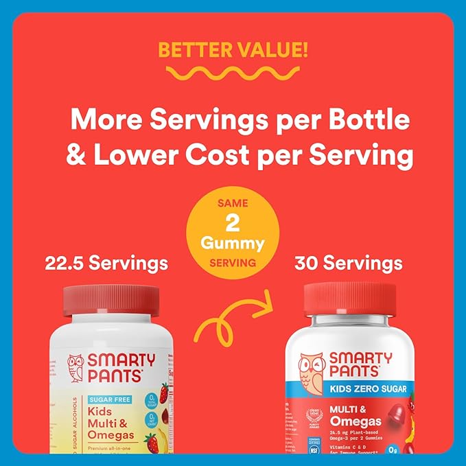 SmartyPants Kids Zero Sugar Multivitamin Gummies: Omega-3, Vitamins D, C, A, Plant-Based, Gluten Free, Strawberry Banana Flavor, 60 Count (30 Day Supply)