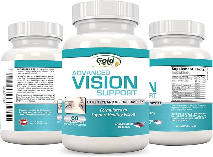 Advanced Vision Support - Lutein Eye & Vision Complex with Lutein, Bilberry, Zinc, Grapeseed & Essential Vitamins - All Natural Retina Capsules for Eye Health - Made in USA