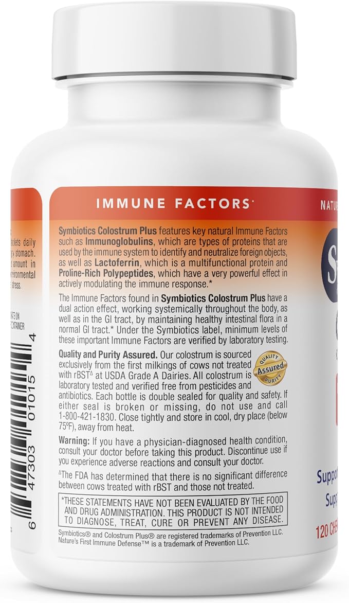 Symbiotics Naturade Colostrum Chewable Tablets Immune & Digestive Support with Lactoferrin, Gluten Free, Low Sugar, Easy Daily Wellness Nutrition (120 Count - Orange Cream)