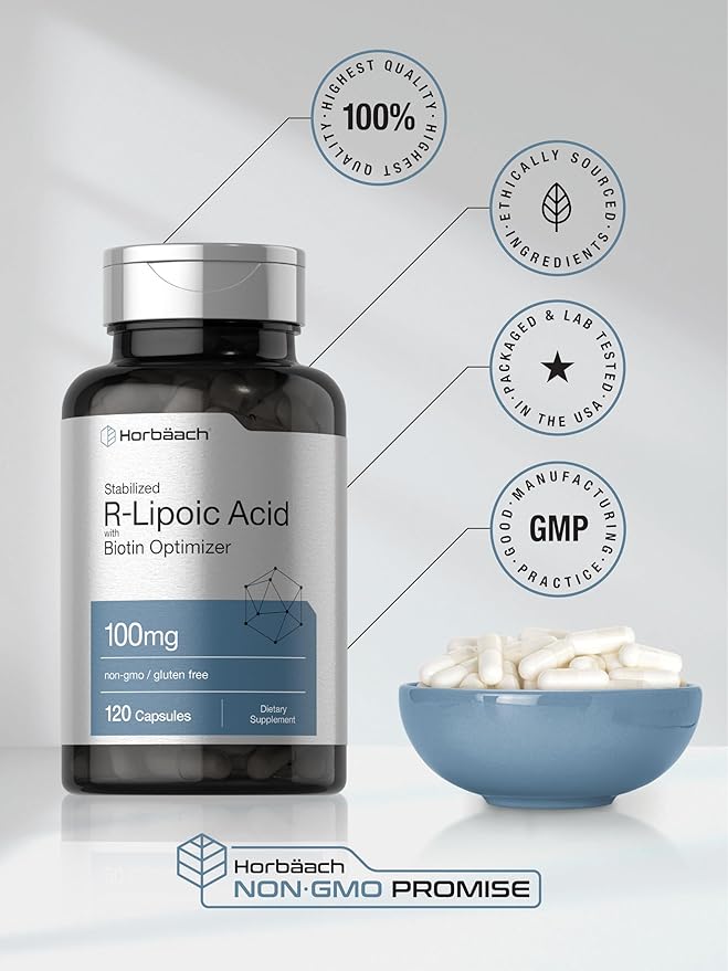 Horbaach R-Lipoic Acid 100 mg | 120 Capsules | with Biotin Optimizer | Non-GMO, Gluten Free | Stabilized R-Lipoic Acid Supplement