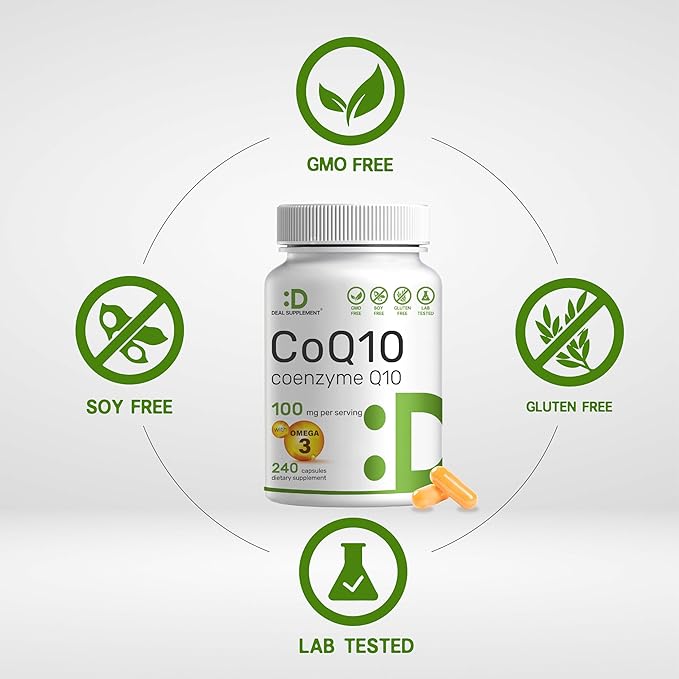 DEAL SUPPLEMENT CoQ10 100mg with Omega 3 100mg, 240 Capsules | Bioavailable Coenzyme Q10 Formula | Non-GMO