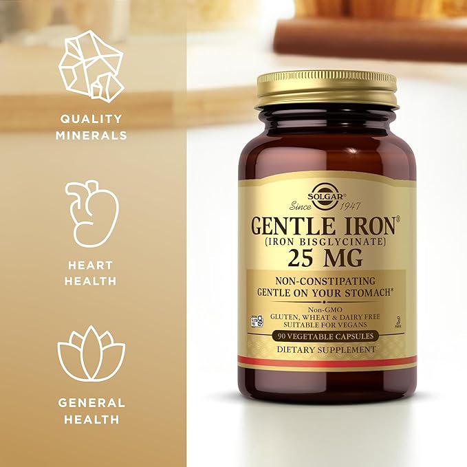 Solgar Gentle Iron (Iron Bisglycinate) 25 mg - 90 Vegetable Capsules - Non-Constipating, Gentle on Your Stomach - Gluten Free - 90 Servings