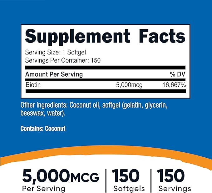 Nutricost Biotin (5,000mcg) 150 Softgels - Vitamin B7 - Gluten Free, Non-GMO